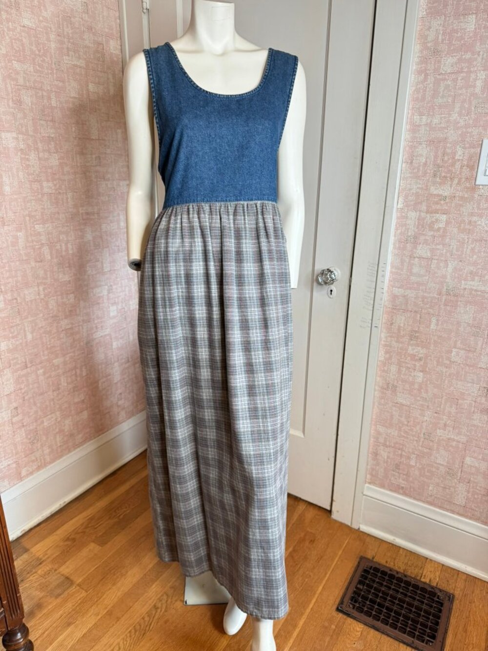 Vtg Woolrich Denim Plaid Flannel Maxi Jumper Tie Back Dress sz L 90s
